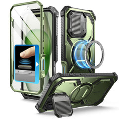 i-Blason Armorbox iPhone 16 軍規防摔殼，MagSafe 磁吸，鏡頭蓋支架，展示手機安裝後的防護效果。抹茶綠色。