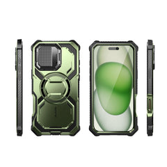 i-Blason Armorbox iPhone 16 軍規防摔殼，MagSafe 磁吸，鏡頭蓋支架，展示手機安裝後的防護效果。抹茶綠色。