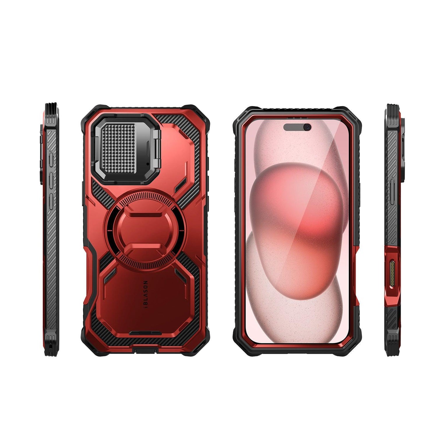 i-Blason Armorbox iPhone 16 軍規防摔殼，MagSafe 磁吸，鏡頭蓋支架，金屬紅色，展示手機安裝後的防護效果。