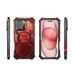 i-Blason Armorbox iPhone 16 軍規防摔殼，MagSafe 磁吸，鏡頭蓋支架，金屬紅色，展示手機安裝後的防護效果。