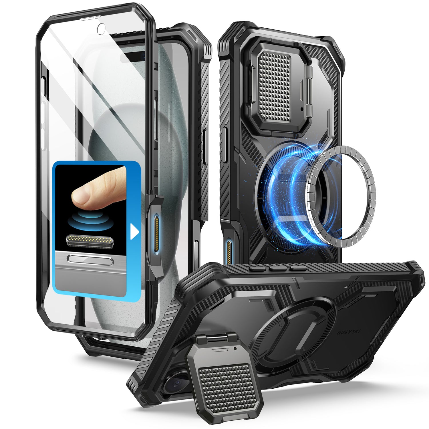 i-Blason Armorbox iPhone 16 Plus 軍規防摔殼，MagSafe 磁吸，鏡頭蓋支架，展示手機安裝後的防護效果。