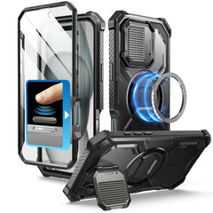 i-Blason Armorbox iPhone 16 Plus 軍規防摔殼，MagSafe 磁吸，鏡頭蓋支架，展示手機安裝後的防護效果。