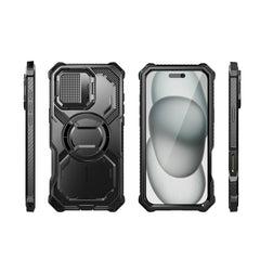 i-Blason Armorbox iPhone 16 Plus 軍規防摔殼，MagSafe 磁吸，鏡頭蓋支架，展示手機安裝後的防護效果。