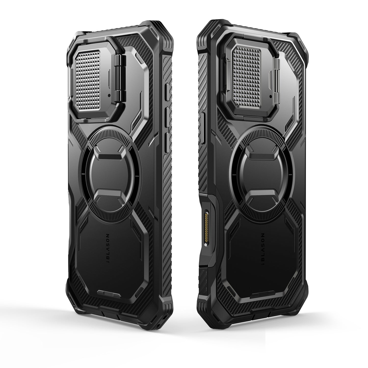 i-Blason Armorbox iPhone 16 Plus 軍規防摔殼,MagSafe 磁吸,鏡頭蓋支架,展示手機安裝後的防護效果。