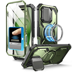 i-Blason Armorbox iPhone 16 Plus 軍規防摔殼，MagSafe 磁吸，鏡頭蓋支架，展示手機安裝後的防護效果。抹茶綠色。