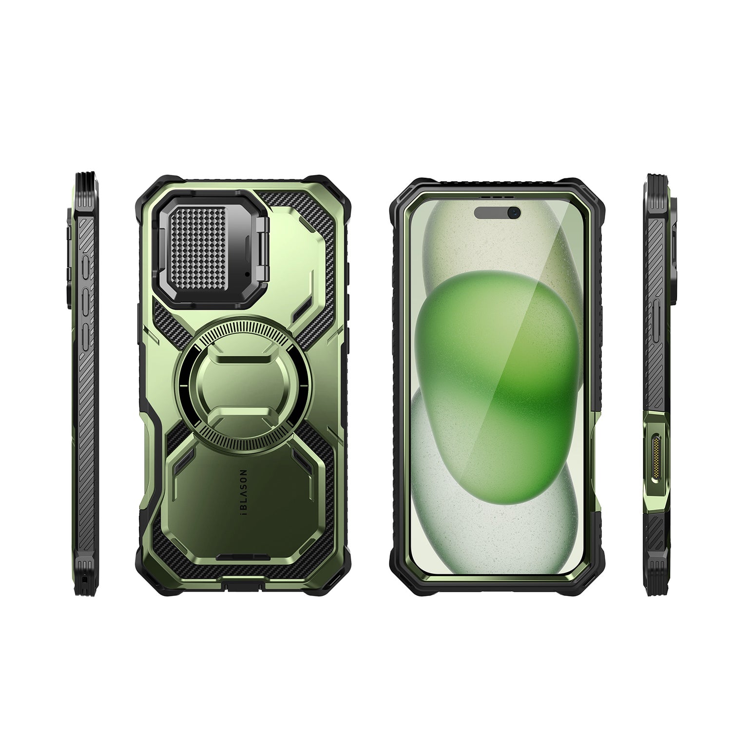 i-Blason Armorbox iPhone 16 Plus 軍規防摔殼，MagSafe 磁吸，鏡頭蓋支架，展示手機安裝後的防護效果。抹茶綠色。