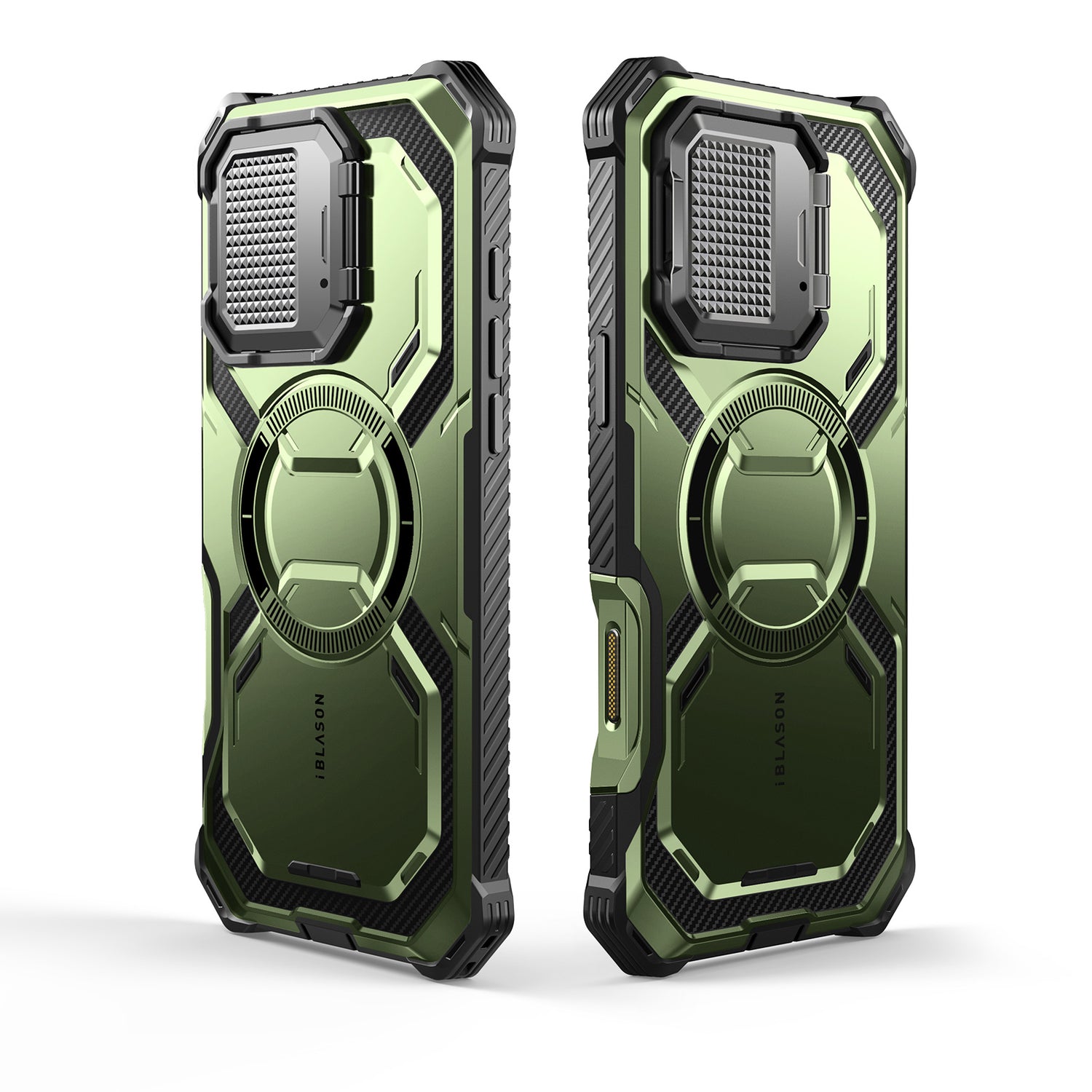 i-Blason Armorbox iPhone 16 Plus 軍規防摔殼,MagSafe 磁吸,鏡頭蓋支架,展示手機安裝後的防護效果。抹茶綠色。