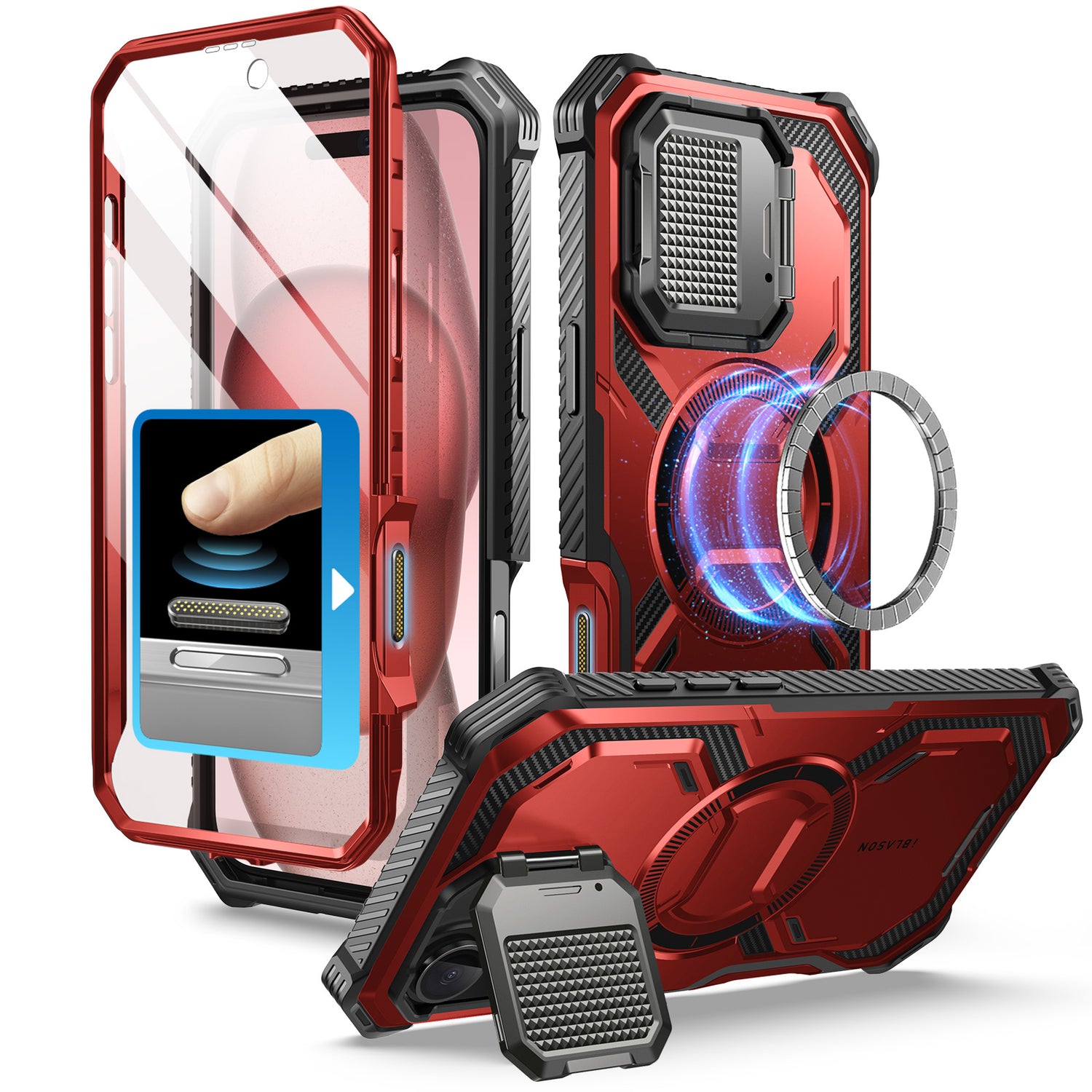 i-Blason Armorbox iPhone 16 Plus 軍規防摔殼，MagSafe 磁吸，鏡頭蓋支架，展示手機安裝後的防護效果。金屬紅色。