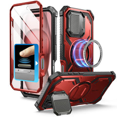 i-Blason Armorbox iPhone 16 Plus 軍規防摔殼，MagSafe 磁吸，鏡頭蓋支架，展示手機安裝後的防護效果。金屬紅色。