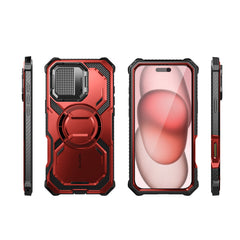 i-Blason Armorbox iPhone 16 Plus 軍規防摔殼，MagSafe 磁吸，鏡頭蓋支架，展示手機安裝後的防護效果。金屬紅色。