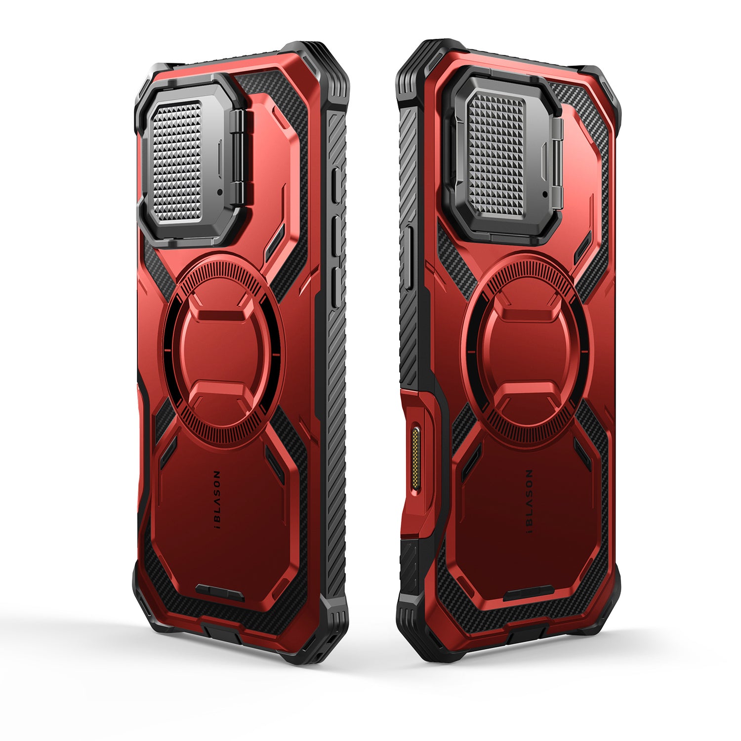 i-Blason Armorbox iPhone 16 Plus 軍規防摔殼,MagSafe 磁吸,鏡頭蓋支架,展示手機安裝後的防護效果。金屬紅色。