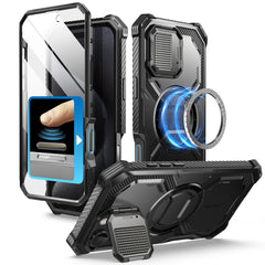 i-Blason Armorbox iPhone 16 Pro Max 軍規防摔殼，MagSafe 磁吸，鏡頭蓋支架，展示手機安裝後的防護效果。