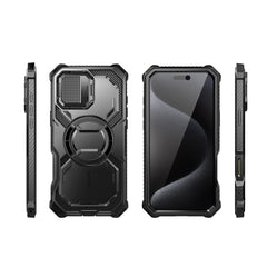 i-Blason Armorbox iPhone 16 Pro Max 軍規防摔殼，MagSafe 磁吸，鏡頭蓋支架，展示手機安裝後的防護效果。