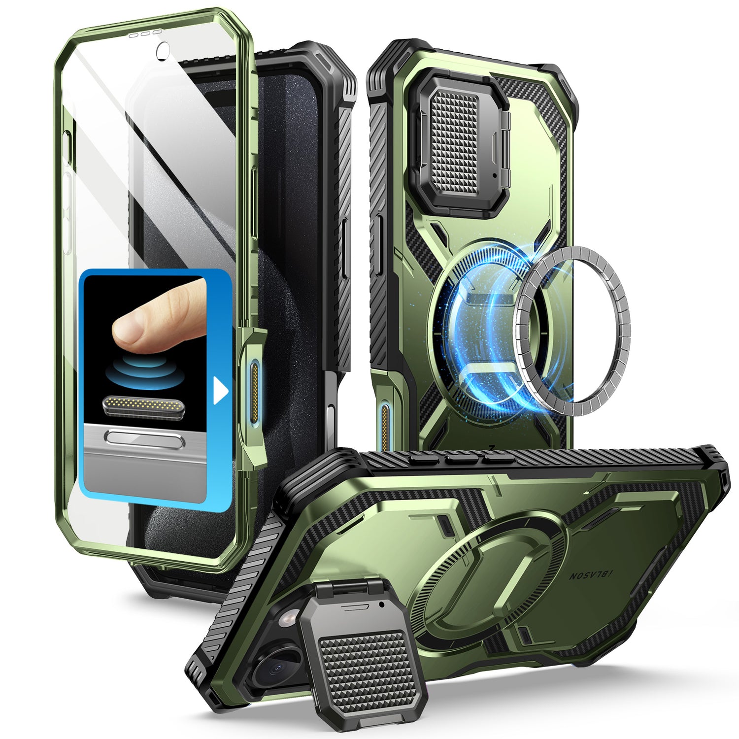 i-Blason Armorbox iPhone 16 Pro Max 軍規防摔殼，MagSafe 磁吸，鏡頭蓋支架，展示手機安裝後的防護效果。抹茶綠色。