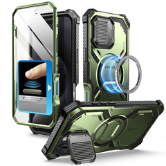 i-Blason Armorbox iPhone 16 Pro Max 軍規防摔殼，MagSafe 磁吸，鏡頭蓋支架，展示手機安裝後的防護效果。抹茶綠色。