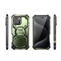 i-Blason Armorbox iPhone 16 Pro Max 軍規防摔殼，MagSafe 磁吸，鏡頭蓋支架，展示手機安裝後的防護效果。抹茶綠色。