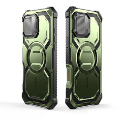 i-Blason Armorbox iPhone 16 Pro Max 軍規防摔殼，MagSafe 磁吸，鏡頭蓋支架，展示手機安裝後的防護效果。抹茶綠色。