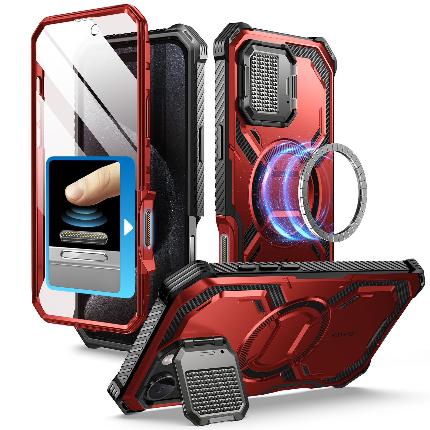 i-Blason Armorbox iPhone 16 Pro Max 軍規防摔殼，MagSafe 磁吸，鏡頭蓋支架，展示手機安裝後的防護效果。金屬紅色。