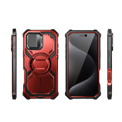 i-Blason Armorbox iPhone 16 Pro Max 軍規防摔殼，MagSafe 磁吸，鏡頭蓋支架，展示手機安裝後的防護效果。金屬紅色。
