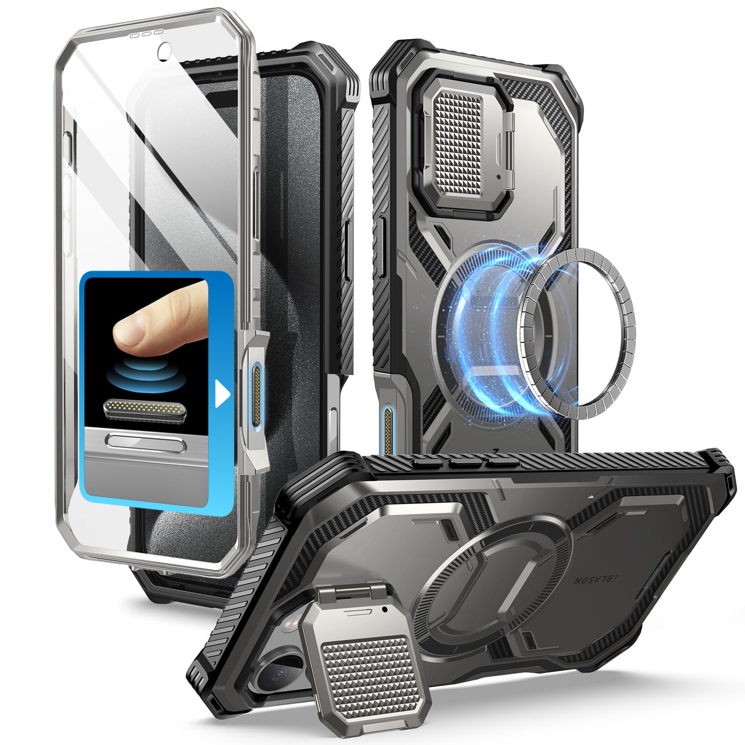 i-Blason Armorbox iPhone 16 Pro Max 軍規防摔殼，MagSafe 磁吸，鏡頭蓋支架，展示手機安裝後的防護效果。鈦空灰色。