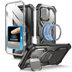 i-Blason Armorbox iPhone 16 Pro Max 軍規防摔殼，MagSafe 磁吸，鏡頭蓋支架，展示手機安裝後的防護效果。鈦空灰色。