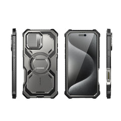 i-Blason Armorbox iPhone 16 Pro Max 軍規防摔殼，MagSafe 磁吸，鏡頭蓋支架，展示手機安裝後的防護效果。鈦空灰色。