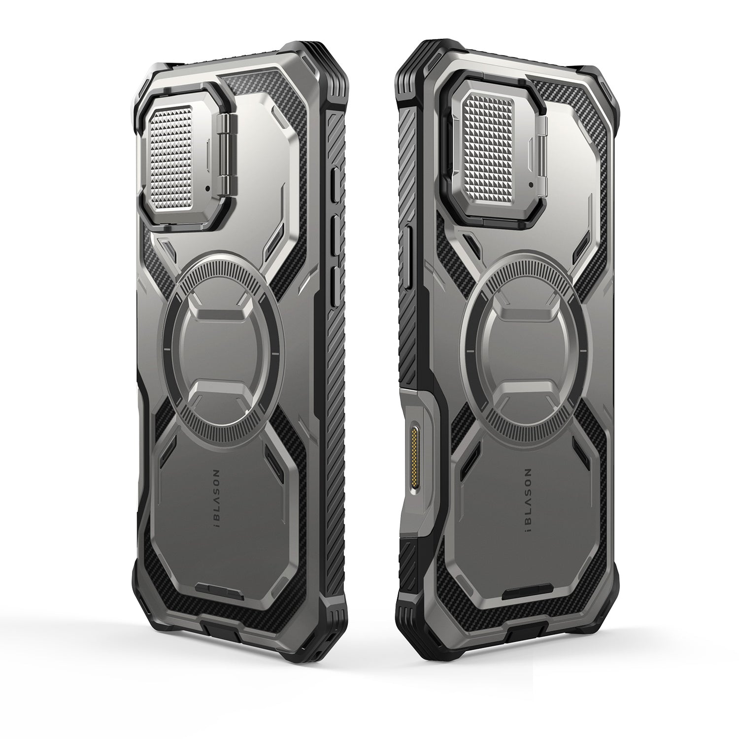 i-Blason Armorbox iPhone 16 Pro Max 軍規防摔殼,MagSafe 磁吸,鏡頭蓋支架,展示手機安裝後的防護效果。鈦空灰色。