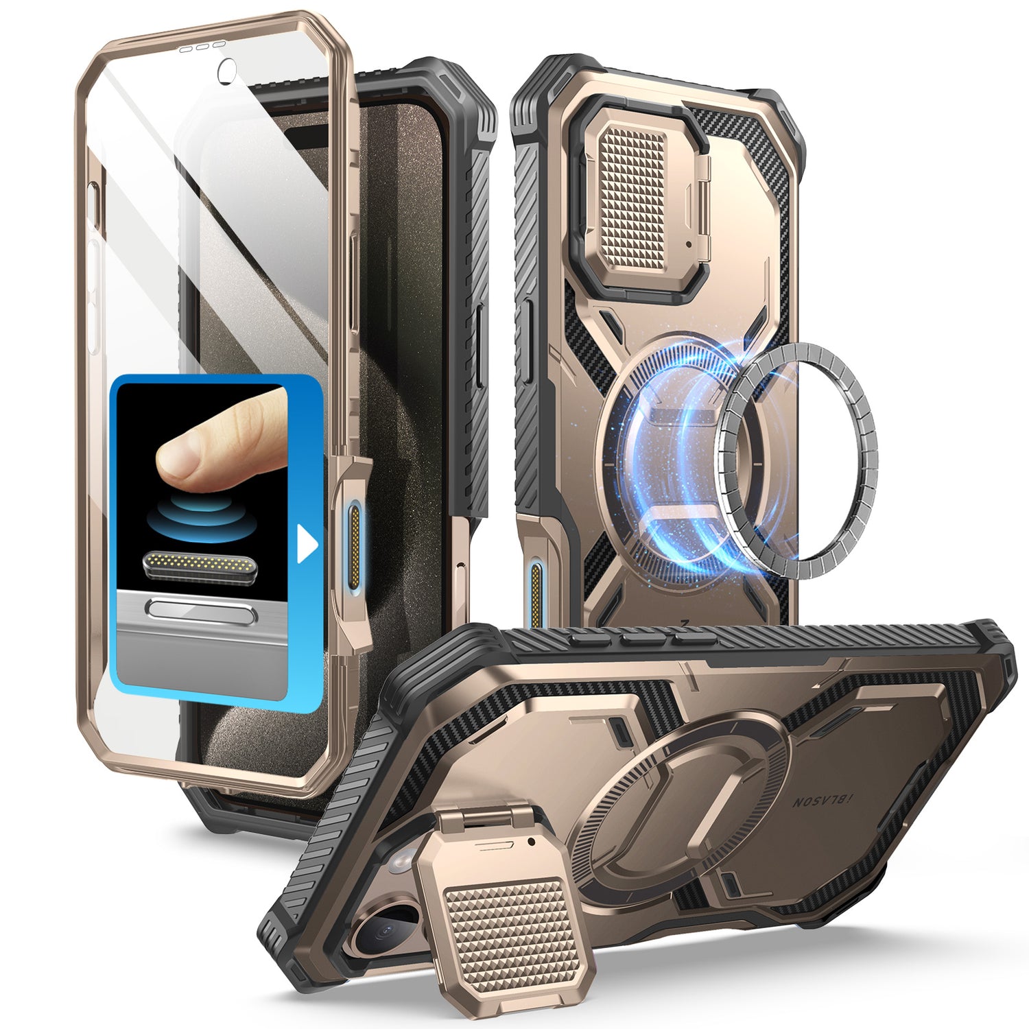 i-Blason Armorbox iPhone 16 Pro Max 軍規防摔殼，MagSafe 磁吸，鏡頭蓋支架，展示手機安裝後的防護效果。玫瑰金色。