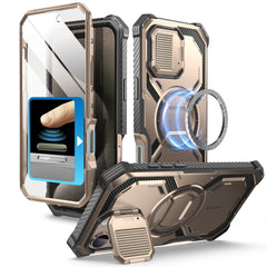 i-Blason Armorbox iPhone 16 Pro Max 軍規防摔殼，MagSafe 磁吸，鏡頭蓋支架，展示手機安裝後的防護效果。玫瑰金色。