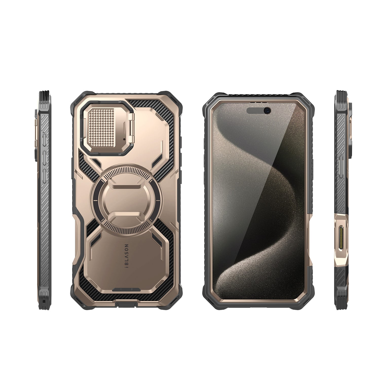 i-Blason Armorbox iPhone 16 Pro Max 軍規防摔殼，MagSafe 磁吸，鏡頭蓋支架，展示手機安裝後的防護效果。玫瑰金色。