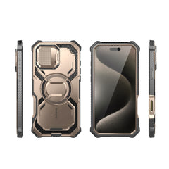 i-Blason Armorbox iPhone 16 Pro Max 軍規防摔殼，MagSafe 磁吸，鏡頭蓋支架，展示手機安裝後的防護效果。玫瑰金色。