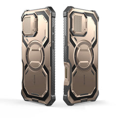 i-Blason Armorbox iPhone 16 Pro Max 軍規防摔殼，MagSafe 磁吸，鏡頭蓋支架，展示手機安裝後的防護效果。玫瑰金色。