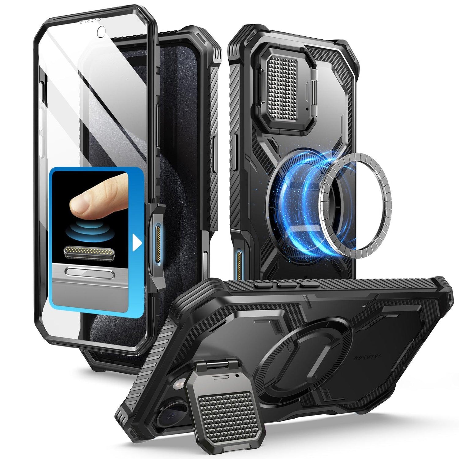 i-Blason Armorbox iPhone 16 Pro 軍規防摔殼，MagSafe 磁吸，鏡頭蓋支架，展示手機安裝後的防護效果。