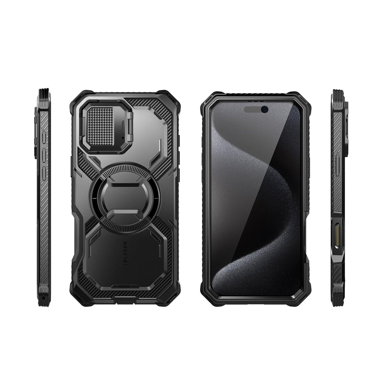 i-Blason Armorbox iPhone 16 Pro 軍規防摔殼，MagSafe 磁吸，鏡頭蓋支架，展示手機安裝後的防護效果。