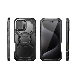 i-Blason Armorbox iPhone 16 Pro 軍規防摔殼，MagSafe 磁吸，鏡頭蓋支架，展示手機安裝後的防護效果。