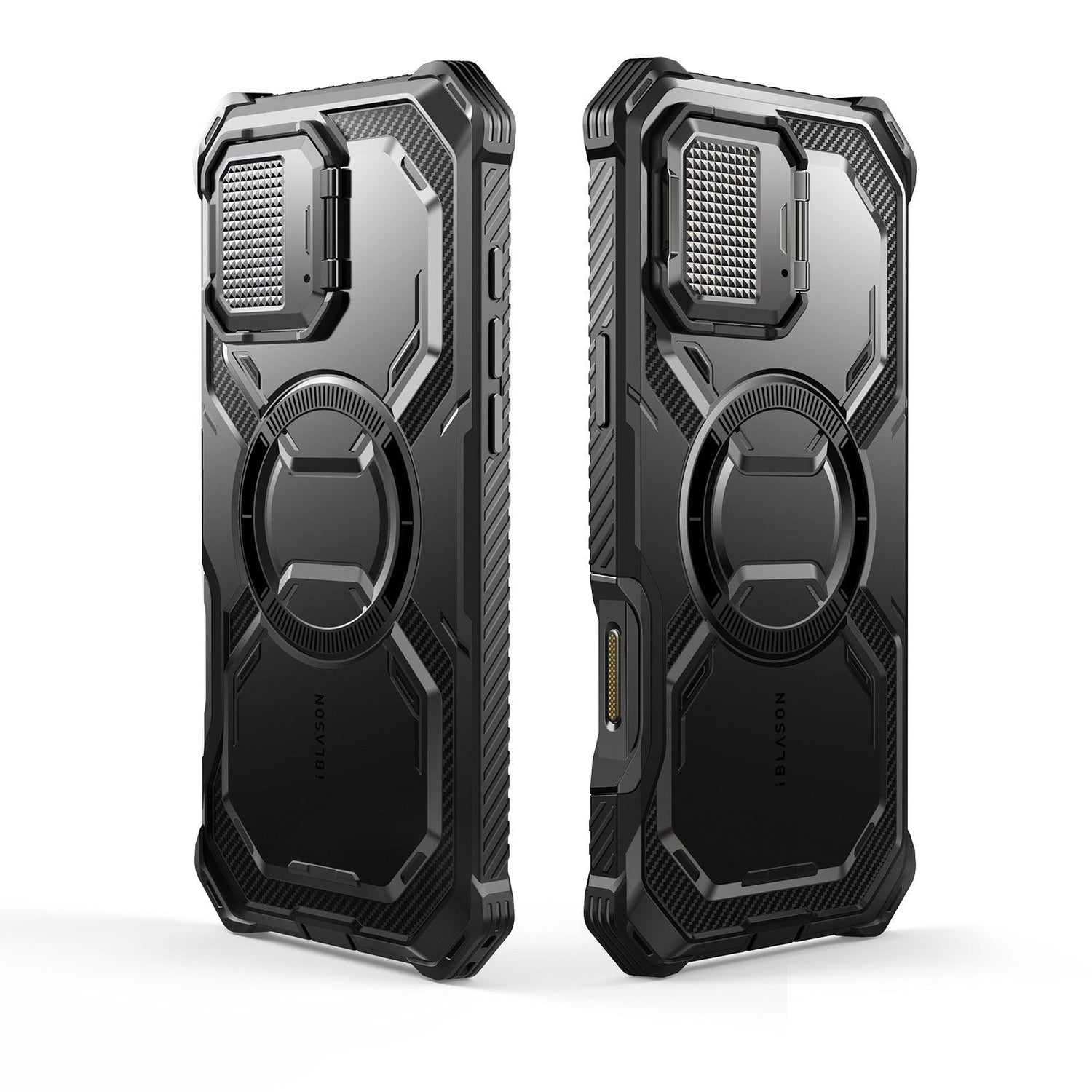 i-Blason Armorbox iPhone 16 Pro 軍規防摔殼,MagSafe 磁吸,鏡頭蓋支架,展示手機安裝後的防護效果。