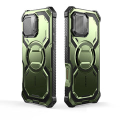 i-Blason Armorbox iPhone 16 Pro 軍規防摔殼，MagSafe 磁吸，鏡頭蓋支架，展示手機安裝後的防護效果。抹茶綠色。
