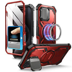 i-Blason Armorbox iPhone 16 Pro 軍規防摔殼，MagSafe 磁吸，鏡頭蓋支架，展示手機安裝後的防護效果。金屬紅色。
