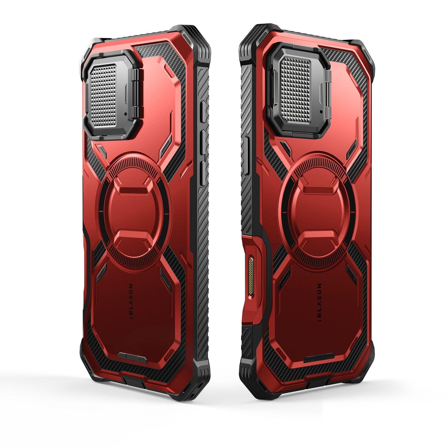 i-Blason Armorbox iPhone 16 Pro 軍規防摔殼,MagSafe 磁吸,鏡頭蓋支架,展示手機安裝後的防護效果。金屬紅色。