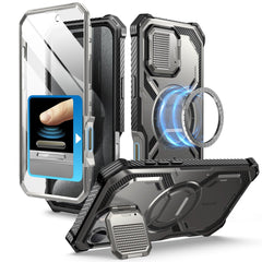 i-Blason Armorbox iPhone 16 Pro 軍規防摔殼，MagSafe 磁吸，鏡頭蓋支架，展示手機安裝後的防護效果。鈦空灰色。