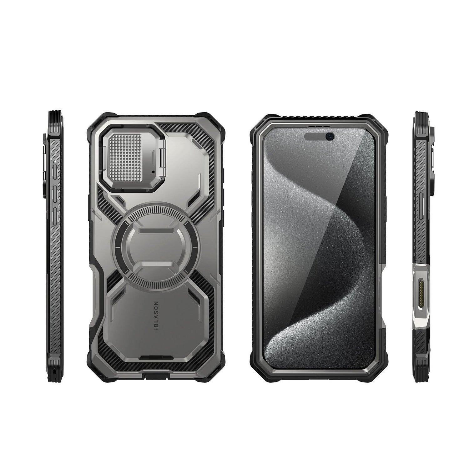 i-Blason Armorbox iPhone 16 Pro 軍規防摔殼，MagSafe 磁吸，鏡頭蓋支架，展示手機安裝後的防護效果。鈦空灰色。