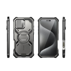 i-Blason Armorbox iPhone 16 Pro 軍規防摔殼，MagSafe 磁吸，鏡頭蓋支架，展示手機安裝後的防護效果。鈦空灰色。