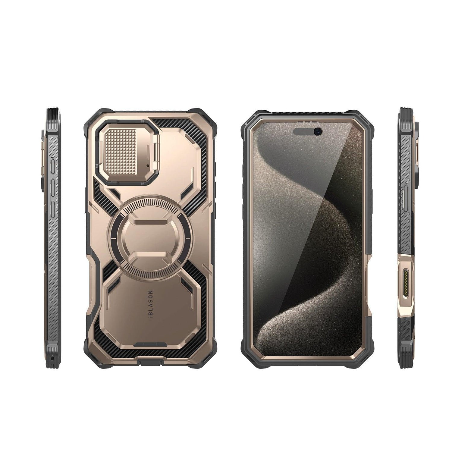 i-Blason Armorbox iPhone 16 Pro 軍規防摔殼，MagSafe 磁吸，鏡頭蓋支架，展示手機安裝後的防護效果。玫瑰金色。