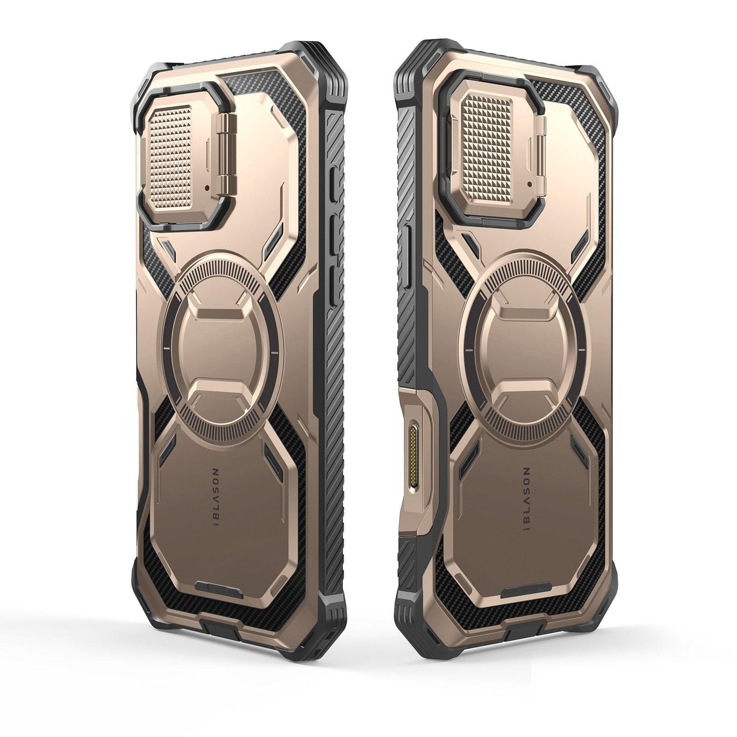 i-Blason Armorbox iPhone 16 Pro 軍規防摔殼，MagSafe 磁吸，鏡頭蓋支架，展示手機安裝後的防護效果。玫瑰金色。